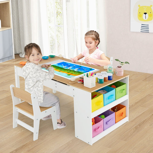 2-in-1 Kids Art Table and Art Easel Set with Chairs-Natural