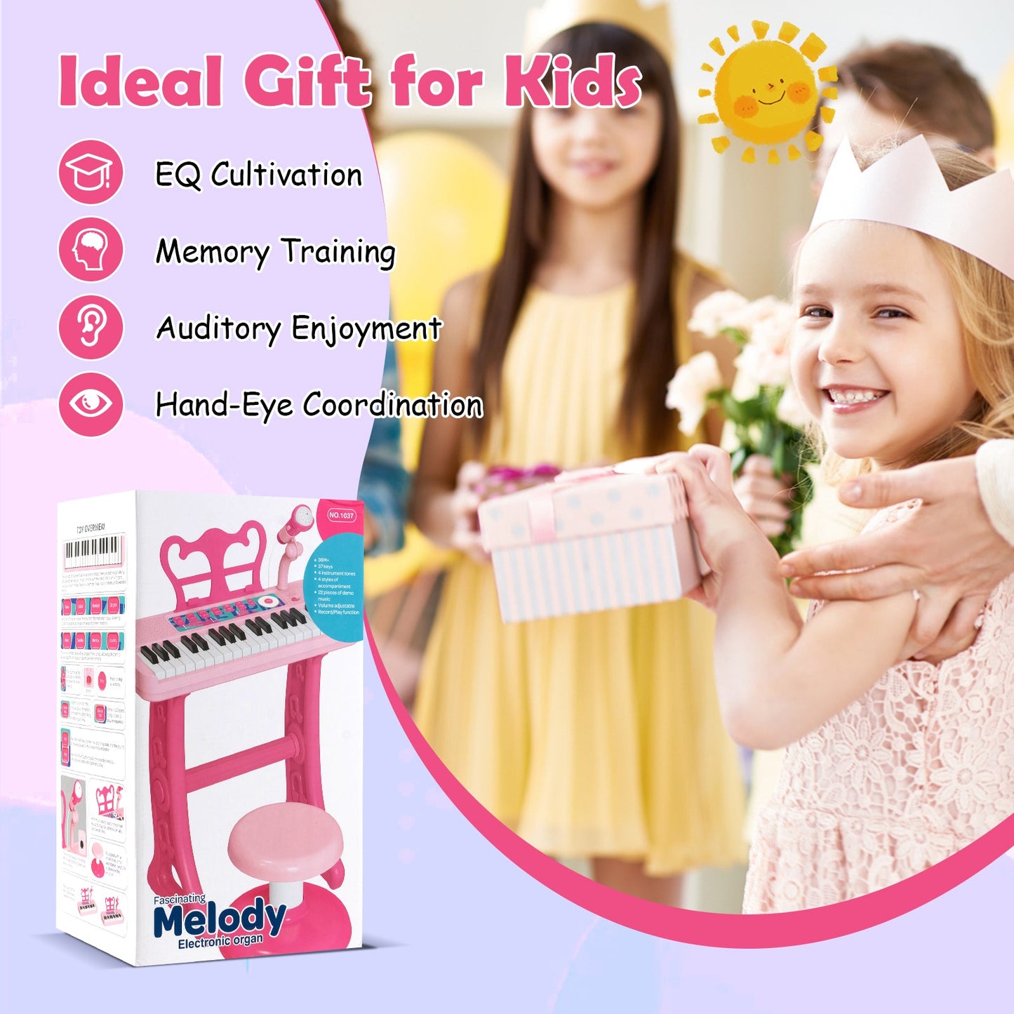 37-Key Kids Piano Keyboard Electronic Instrument with Microphone-Pink