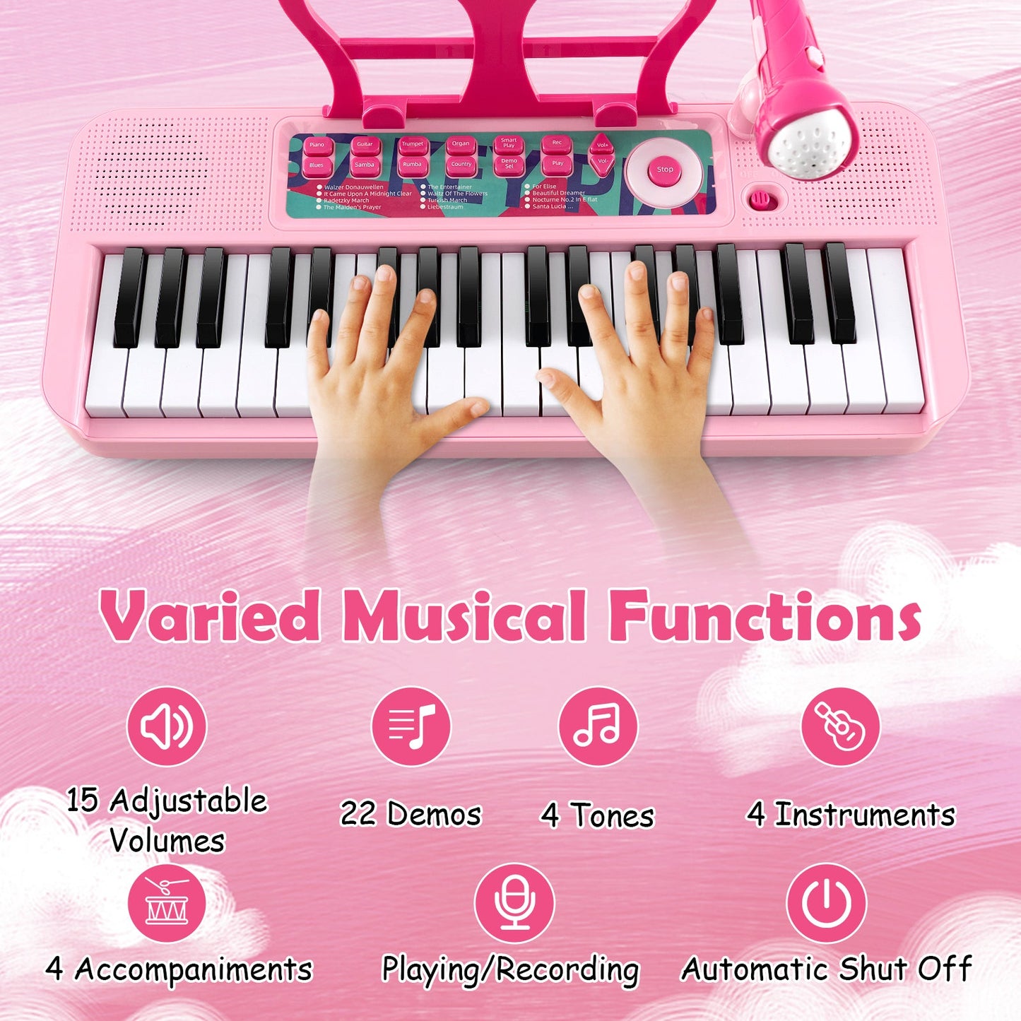 37-Key Kids Piano Keyboard Electronic Instrument with Microphone-Pink