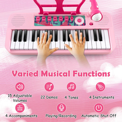 37-Key Kids Piano Keyboard Electronic Instrument with Microphone-Pink