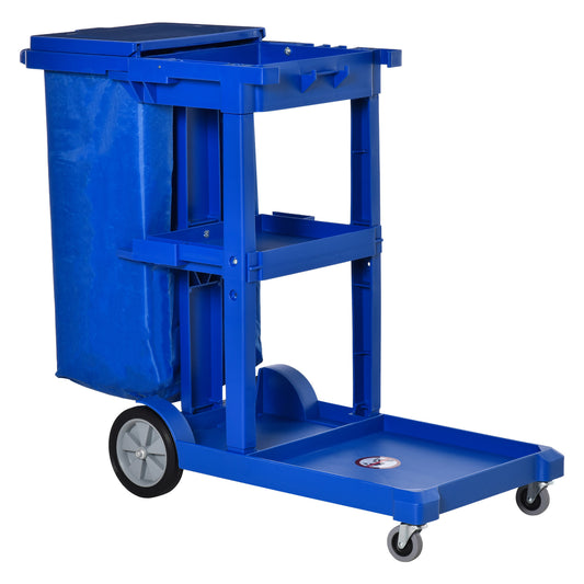 HOMCOM Janitor Cleaning Trolley, with Bin, Shelves and Hooks - Blue