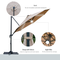 Outsunny 3(m) LED Cantilever Parasol Outdoor Sun Umbrella w/ Base Solar Lights Brown