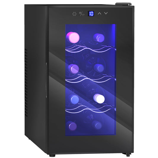 HOMCOM Mini Wine Fridge, 8 Bottle, 21L, 26.5cm, Freestanding and Under Counter, Quiet Wine Cooler Fridge with Glass Door, LED Light, Digital Touch Screen, Temperature Control