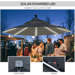 Outsunny 3(m) Cantilever Banana Parasol Hanging Umbrella with LED Solar lights, Crank, 8 Sturdy Ribs and Cross Base for Outdoor, Garden, Patio, Black