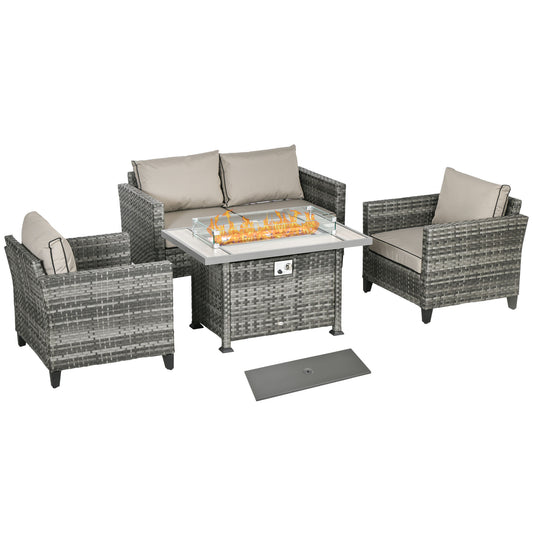 Outsunny 5-Piece Rattan Patio Furniture Set with Gas Fire Pit Table, Loveseat Sofa, Armchairs, Cushions, Pillows, Grey