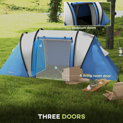 Outsunny Camping Tent with 2 Bedrooms and Living Area, 3000mm Waterproof Family Tent, for Fishing Hiking Festival, Blue