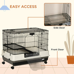 PawHut 2 Tier Rolling Small Animal Rabbit Cage Chinchillas Hutch Pet Play House with Platform Ramp Removable Tray 80 x 52.7 x 66 cm