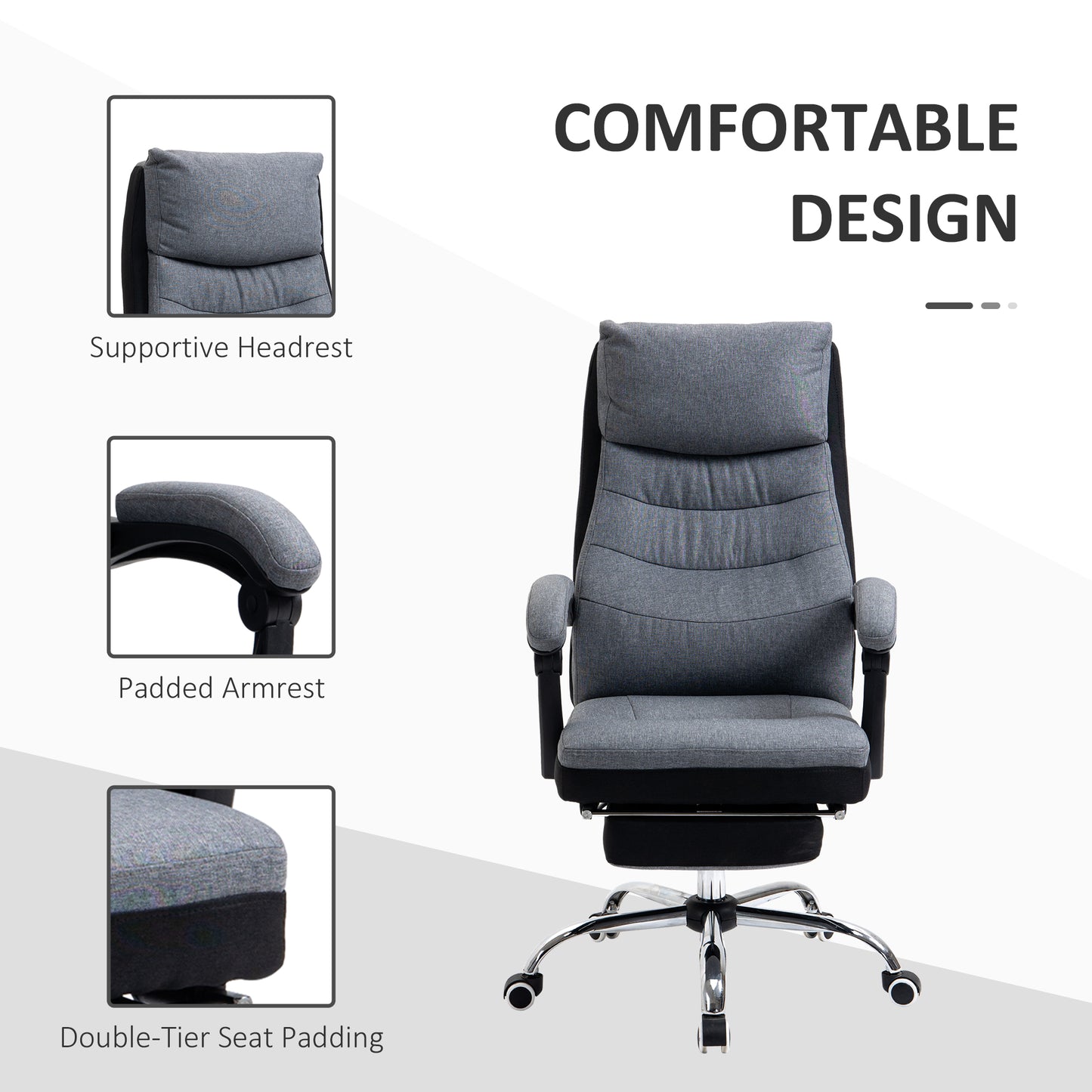 Vinsetto Office Chair, Executive Desk Chair 135√Ç¬∞ Reclining Computer Chair with Adjustable Height, Retractable Footrest and Swivel Wheels, Grey