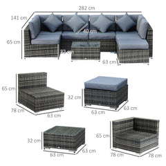 Outsunny 8 Pieces PE Rattan Corner Sofa Set with Thick Cushions, Aluminium Outdoor Rattan Garden Furniture Set with Glass Top Table, No Assembly Required, Grey