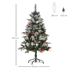 HOMCOM 4FT Artificial Snow Dipped Christmas Tree Xmas Pencil Tree Holiday Home Party Decoration with Foldable Feet Red Berries White Pinecones, Green