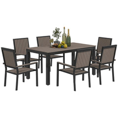 Outsunny 6 Seater Garden Dining Set with Stackable Chairs, Aluminium Frame, Rectangular Plastic Top, Garden Furniture Set, Outdoor Dining Table and Chairs for Patio, Balcony, Poolside, Brown