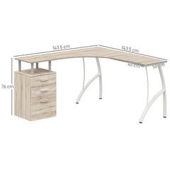 HOMCOM L-Shaped Computer Desk Table with Storage Drawer, Home Office Desk Corner Industrial Style Workstation for A4 Files 143.5 x 143.5 x 76cm, Oak