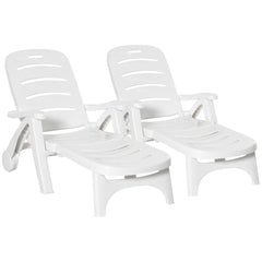 Outsunny 2PCs Outdoor Folding Sun Lounger Recliner on Wheels w/ 5-Position Backrest, White