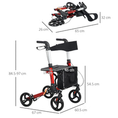 HOMCOM Folding Rollator Walker with Seat and Backrest, Lightweight Walking Frame with Detachable Storage Bag, Dual Brakes, Adjustable Handle Height, 4 Wheeled Walker for Seniors, Handicapped, Red