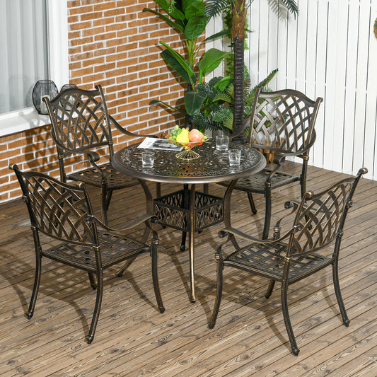 Outsunny 5-Piece Outdoor Furniture Dining Set, Cast Aluminum Conversation Set Includes 4 Chairs and 90cm Round Table with 50mm Umbrella Hole for Patio Garden Deck, Flower Design