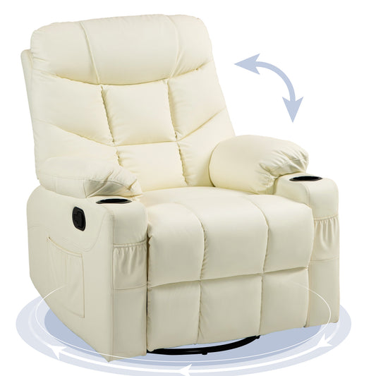 HOMCOM Manual Reclining Chair, Recliner Armchair with Swivel, Faux Leather, Footrest, Cup Holders, 86x93x102cm, Cream