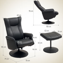 HOMCOM Swivel Recliner Chair with Footstool, PU Leather Recliner Armchair with Adjustable Back and Steel Frame, Reclining Chair Lounge with Flared Armrests for Living Room, Black