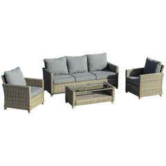 Outsunny 4 Pieces Patio Wicker Sofa Set, Outdoor PE Rattan Sectional Conversation Aluminium Frame Furniture Set w/ Padded Cushion & 2-Tier Tea Table, Brown