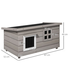 PawHut Wooden Outdoor Cat House, Elevated Cat Shelter Kennel, Pet Play House with Openable Top, Asphalt Roof, Window, Grey