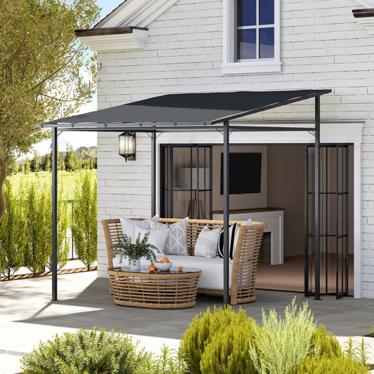 Outsunny 2.4 x 2.4 m Wall Mounted Pergola Gazebo with PA Coating Fabric and Metal Frame, UPF30+, Lean to Garden Gazebo, Wind Resistant Outdoor Sun Shade Shelter for Garden, Deck, Dark Grey