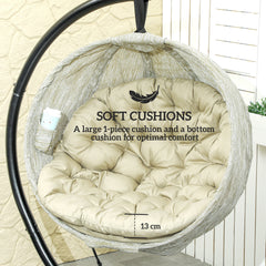 Outsunny Hanging Egg Chair Outdoor Indoor Garden Swing Chair with Folding Basket, Garden Hanging Chair with Stand, Thickened Cushion, Cup Holder for Patio, Balcony, Khaki