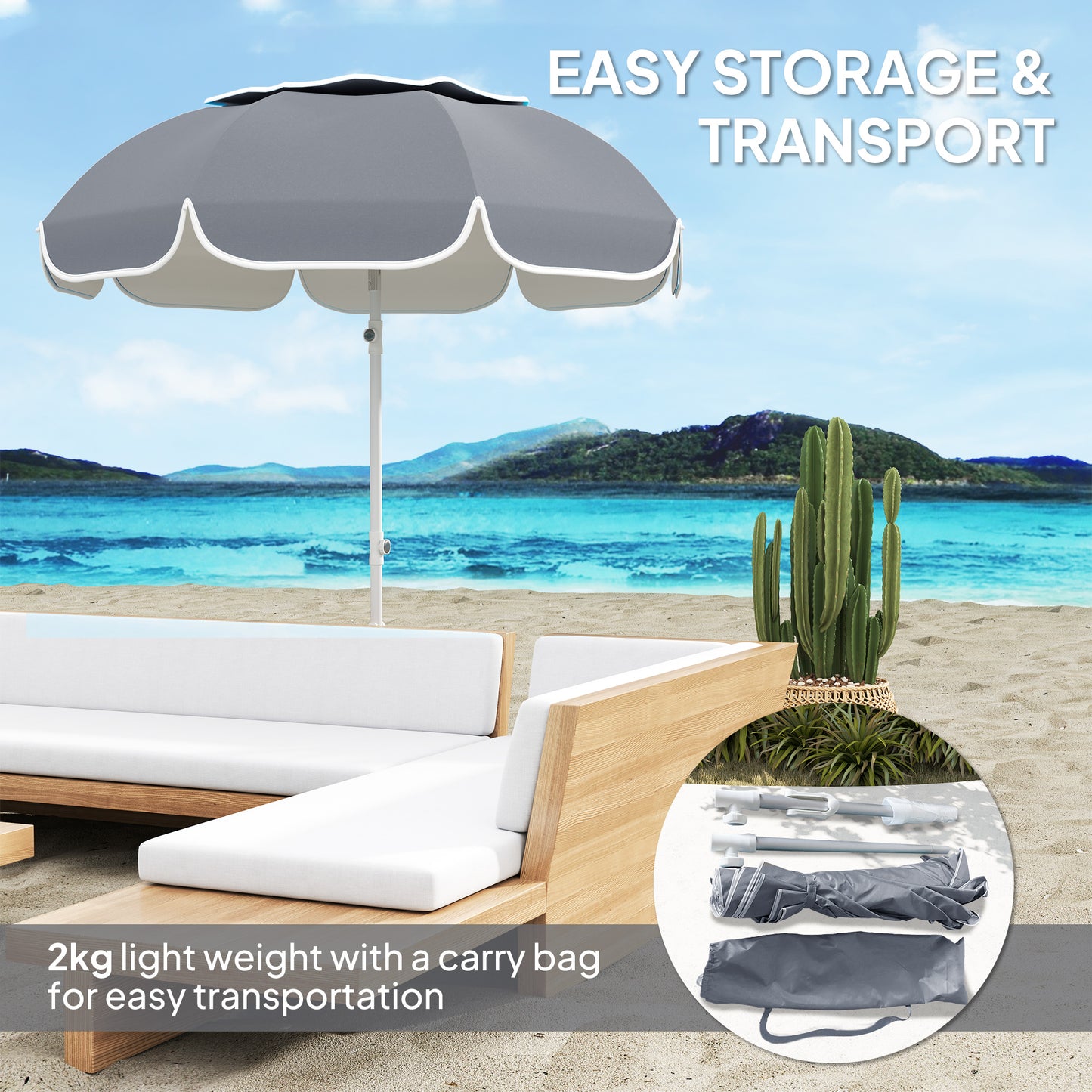 Outsunny Beach Umbrella Portable with Sand Anchor, Carry Bag, Adjustable Height & Tilt, UPF50+ UV Protection, Grey