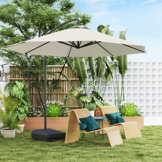 Outsunny 3(m) Garden Cantilever Parasol with Fillable Base, Wind Protection Strap, Cover, Round Banana Hanging Umbrella with Crank Handle and Tilt, Patio Umbrella for Outdoor Sun Shade, UPF50+, Cream