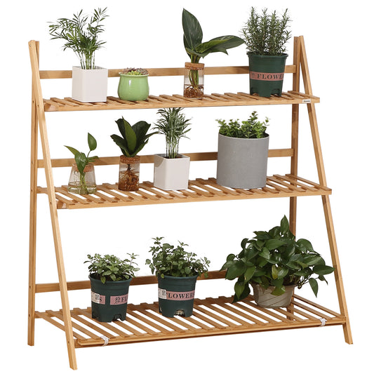 Outsunny 3-Tier Plant Stand, Plant Shelf Rack, Folding Bamboo Display Stand, 98x37x96.5cm, Natural