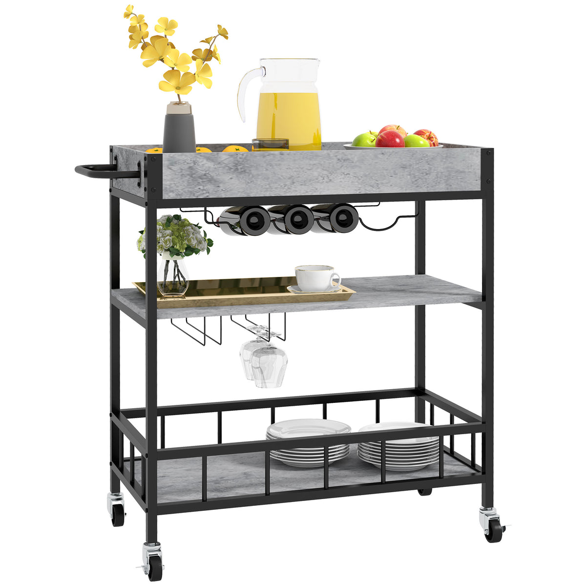 HOMCOM 3-Tier Kitchen Cart, Kitchen Island with Storage Shelves, Removable Tray, Wine Racks, Glass Holders, Faux Marbled Grey