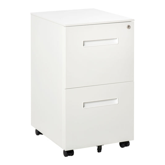 Vinsetto Metal Mobile File Cabinet with Wheels, Lockable 2 Drawer Filing Cabinet for A4, Legal, Letter, Compact Under Desk Storage Unit with Pre-Assembled Body for Home Office, 39 x 48 x 67cm, White