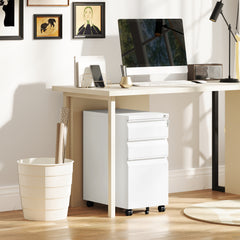 Vinsetto 3-Drawer Steel Filing Cabinet with Lock and Wheels - White