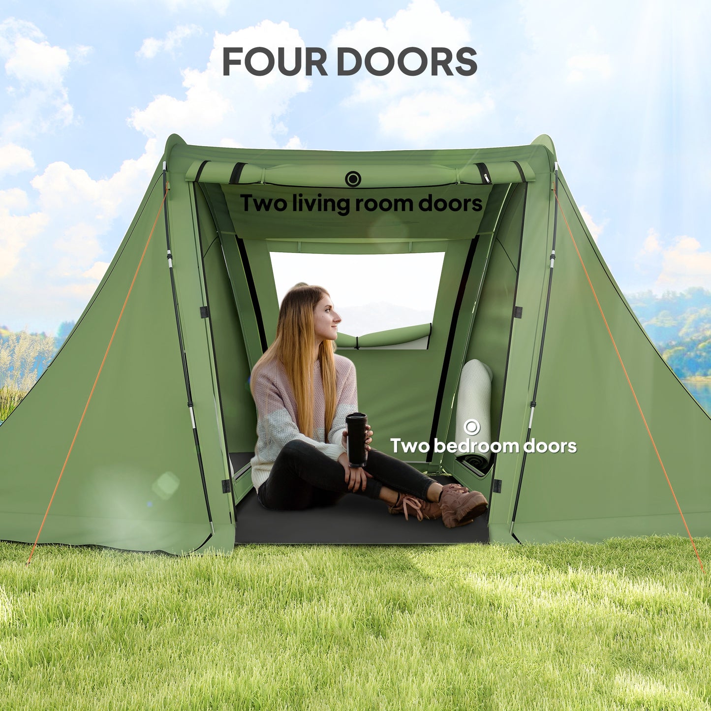 Outsunny 3 Man Camping Tent with Living Area and 2 Bedrooms, 3000mm Waterproof Family Tent with Sewn-in Groundsheet, Portable with Bag for Hiking, Festival, Backpacking, Green