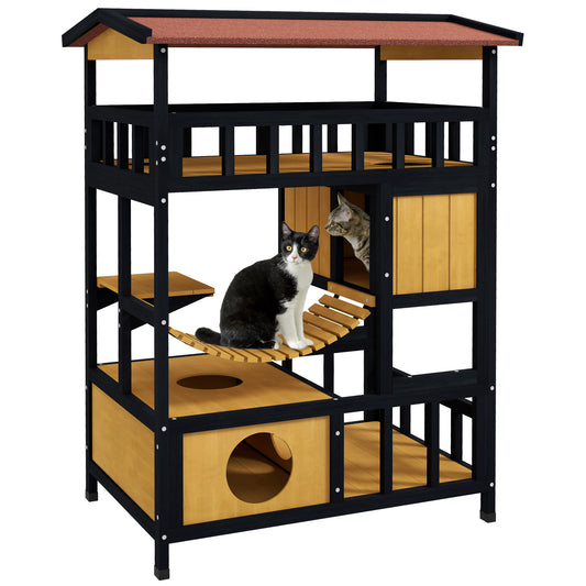 PawHut Outdoor Cat Shelter, Four-Tier Wooden Feral Cat House, with Suspension Bridge, Cat Houses, Balcony, Escape Doors