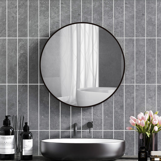 HOMCOM 70cm Aluminium Frame Round Bathroom Mirror - Black