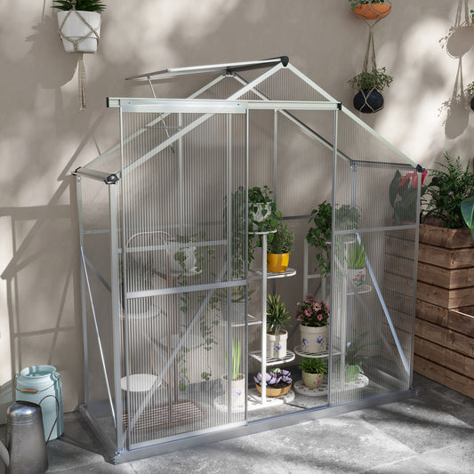 Outsunny 6 x 2.5ft Polycarbonate Greenhouse Walk-In Green House with Rain Gutter, Sliding Door, Window, Foundation, Silver