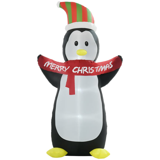 HOMCOM 8ft Inflatable Penguin & Christmas Banner Decoration w/ Inner LED Lights Indoor Outdoor Weather-Resistant Shell Fun Cute