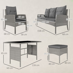 Outsunny 5 Seater Rattan Garden Furniture Set, 2 Armchairs, 3-Seater Wicker Sofa, 2 Footstools and Glass Table, 6 Piece Patio Rattan furniture Sofa Sets with Cushions for Conservatory, Grey