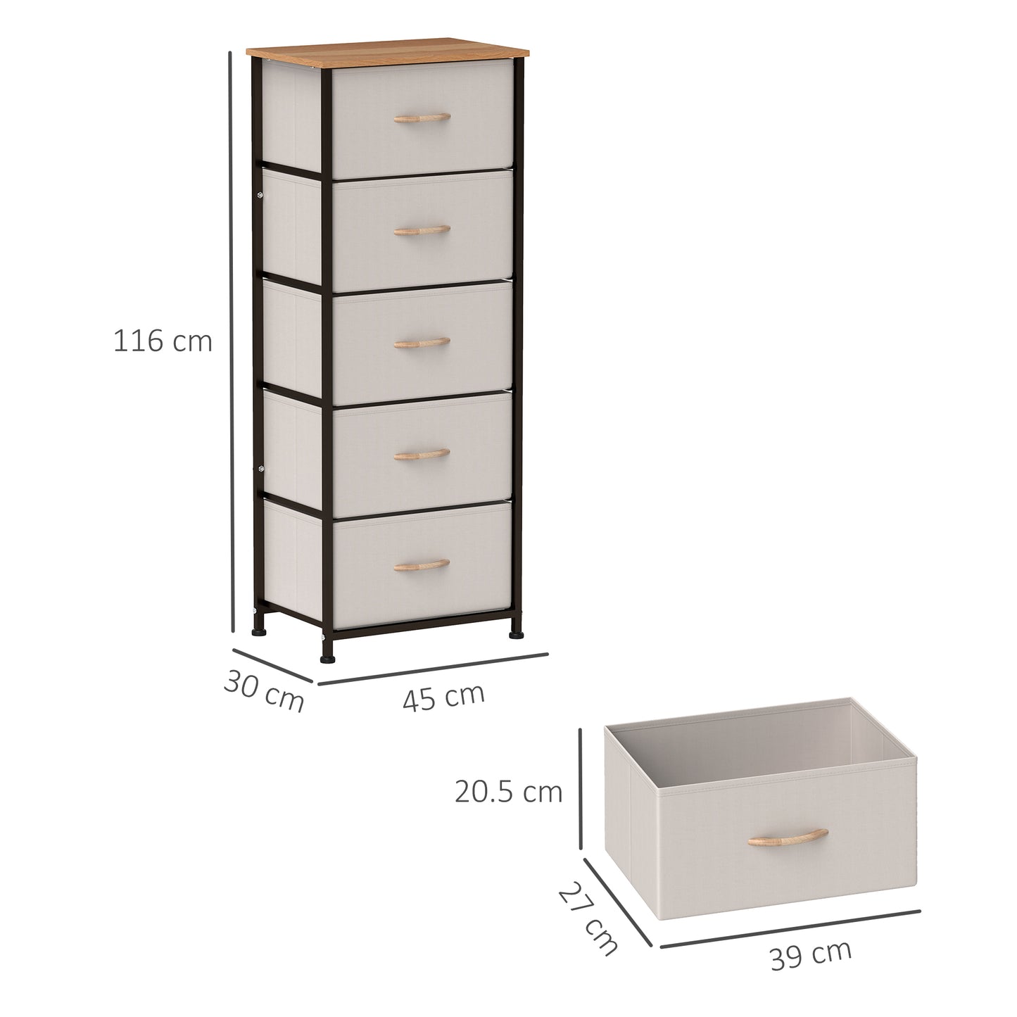 HOMCOM Fabric Chest of Drawers, Storage Drawers, Industrial Bedroom Dresser with 5 Fabric Drawers, Steel Frame and Wooden Top for Nursery, Living Room, Hallway, Cream White