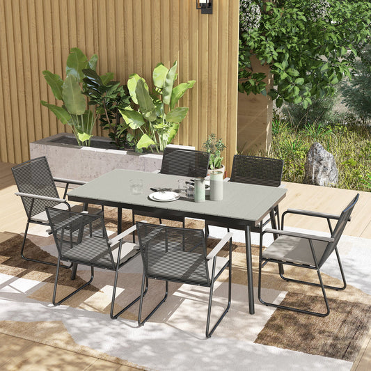 Outsunny 6 Seater Garden Dining Set with Soft Cushions, Rattan Backrest, Rectangular Plastic Top, Garden Furniture Set, Outdoor Dining Table and Chairs for Patio, Balcony, Poolside, Grey