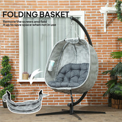 Outsunny Hanging Egg Chair Outdoor Indoor Garden Swing Chair with Folding Basket, Garden Hanging Chair with Stand, Thickened Cushion, Cup Holder for Patio, Balcony, Grey