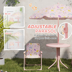 AIYAPLAY 4 Pieces Kids Garden Table and Chair Set with Adjustable Parasol, Folding Chairs, Table, Rainbow Pattern, Pink