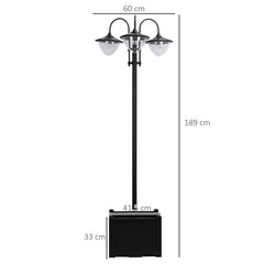 Outsunny 189cm 3-head Solar Lamp Post, Street Light with Planter, Automatic-on, 6 Hour Max Outdoor Ready LED Lighting, Black