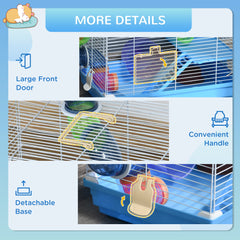 Pawhut 2 Tier Hamster Cage, Gerbil Cage with Handle, Exercise Wheels, Tunnel, Tube, Water Bottle, Dishes, Ladder, for Dwarf, Blue