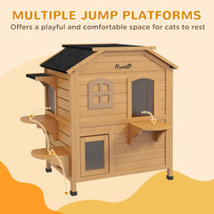 PawHut√Ç 2-story Cat House Outdoor, Weatherproof√Ç Wooden Cat Enclosure for Feral Cats with Escape Door, Openable Roof, Jumping Platforms, Natural Wood Finish