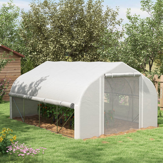 Outsunny 4 x 3(m) Walk-in Polytunnel Greenhouse, Zipped Roll Up Sidewalls, Mesh Door, 8 Mesh Windows, Tunnel Warm House Tent with PE Cover, Complimentary Plant Labels and Gloves, White