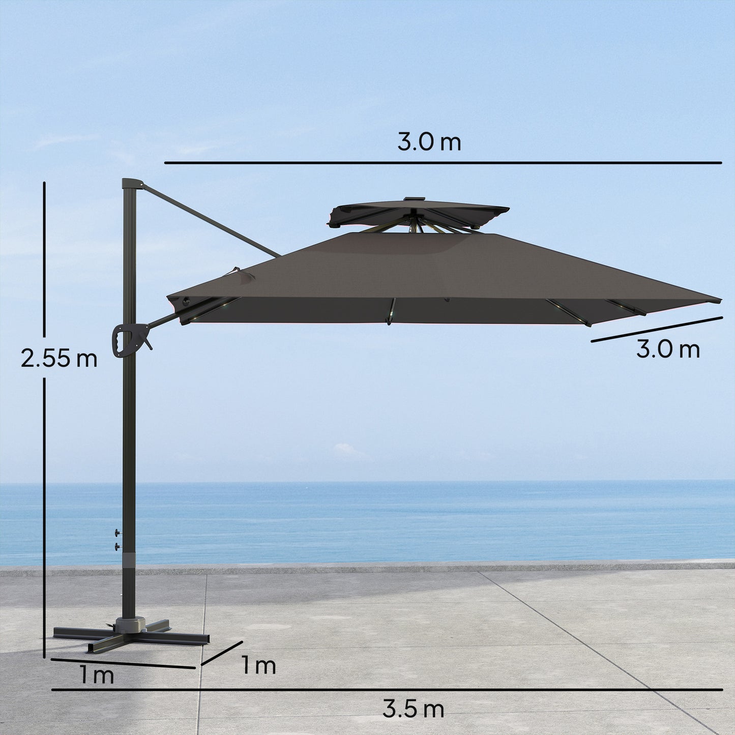 Outsunny 3.5x3 m Garden Cantilever Parasol with Solar LED Lights and Centre Light, Aluminium Large Square Patio Umbrella, UPF50+ Hanging Sun Shade with Cross Base, Crank Handle and Tilt, Grey