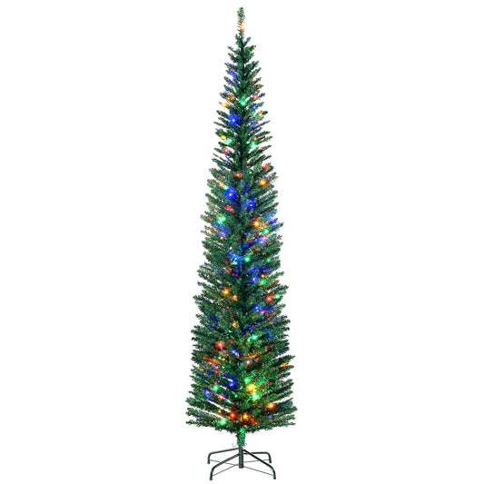 HOMCOM 7.5' Artificial Prelit Christmas Trees Holiday D√É¬©cor with Colourful LED Lights, Pencil Shape, Steel Base