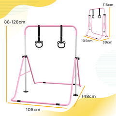 HOMCOM Adjustable Height, Foldable Kids Gymnastics Bar w/ Non-slip Rubber Floor Rings, for 3+ Years, Pink