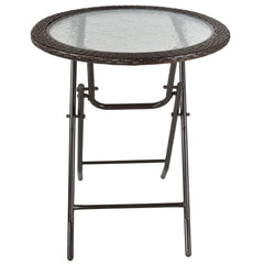 Outsunny Folding Round Tempered Glass Garden Table with Brown Rattan Edging