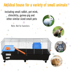 PawHut Small Animal Cage Rabbit Guinea Pigs Chinchillas Cage w/ Wheels Water Bottle Food Dish Platform Ramp 119 x 59 x 50 cm Black